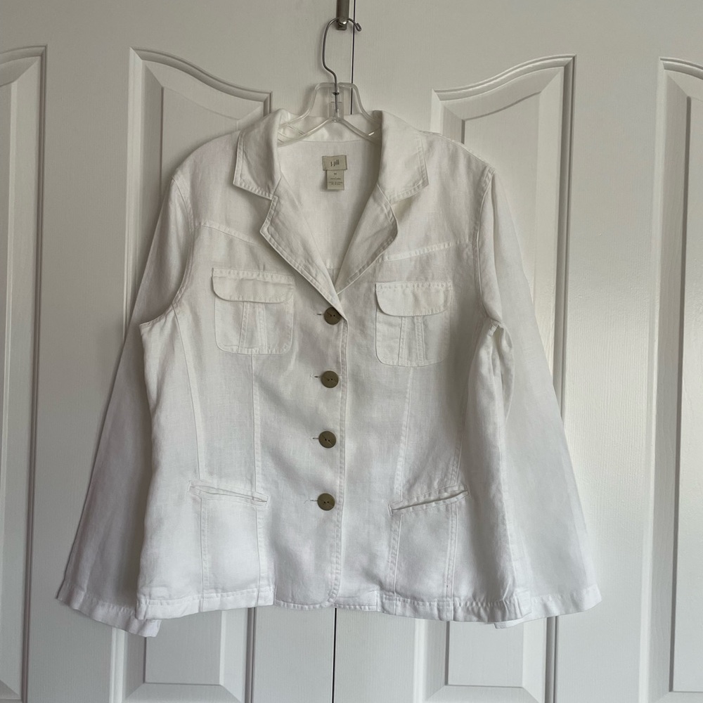 J. Jill White Linen Jacket Shacket Chore Field Blazer Size M EUC